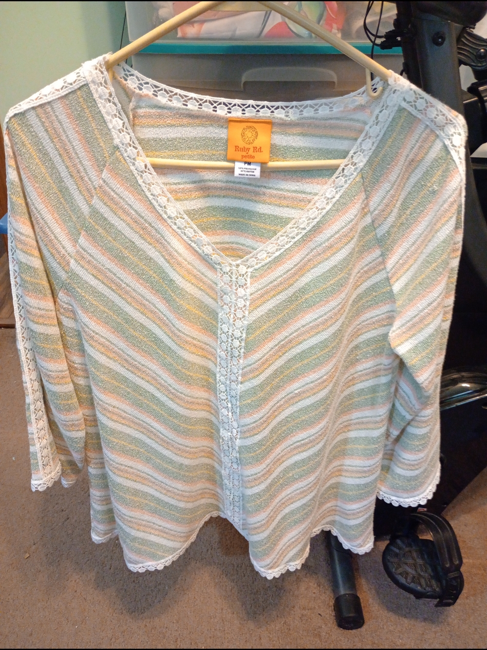 Ruby Rd. Women's Pastel Stripe Lace-Trim V-Neck Top